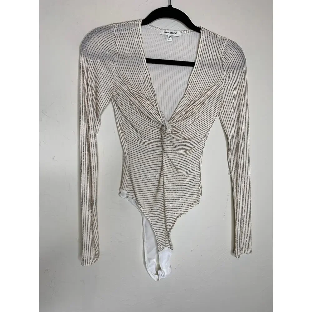Francesca's Cream Gold Bodysuit Twist Bust Sz XS Coquette Glam - Picture 4 of 9